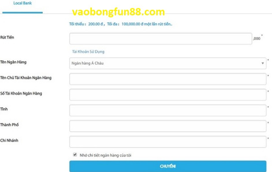 Điền đầy đủ thông tin rút tiền FUN88 tránh sai sót